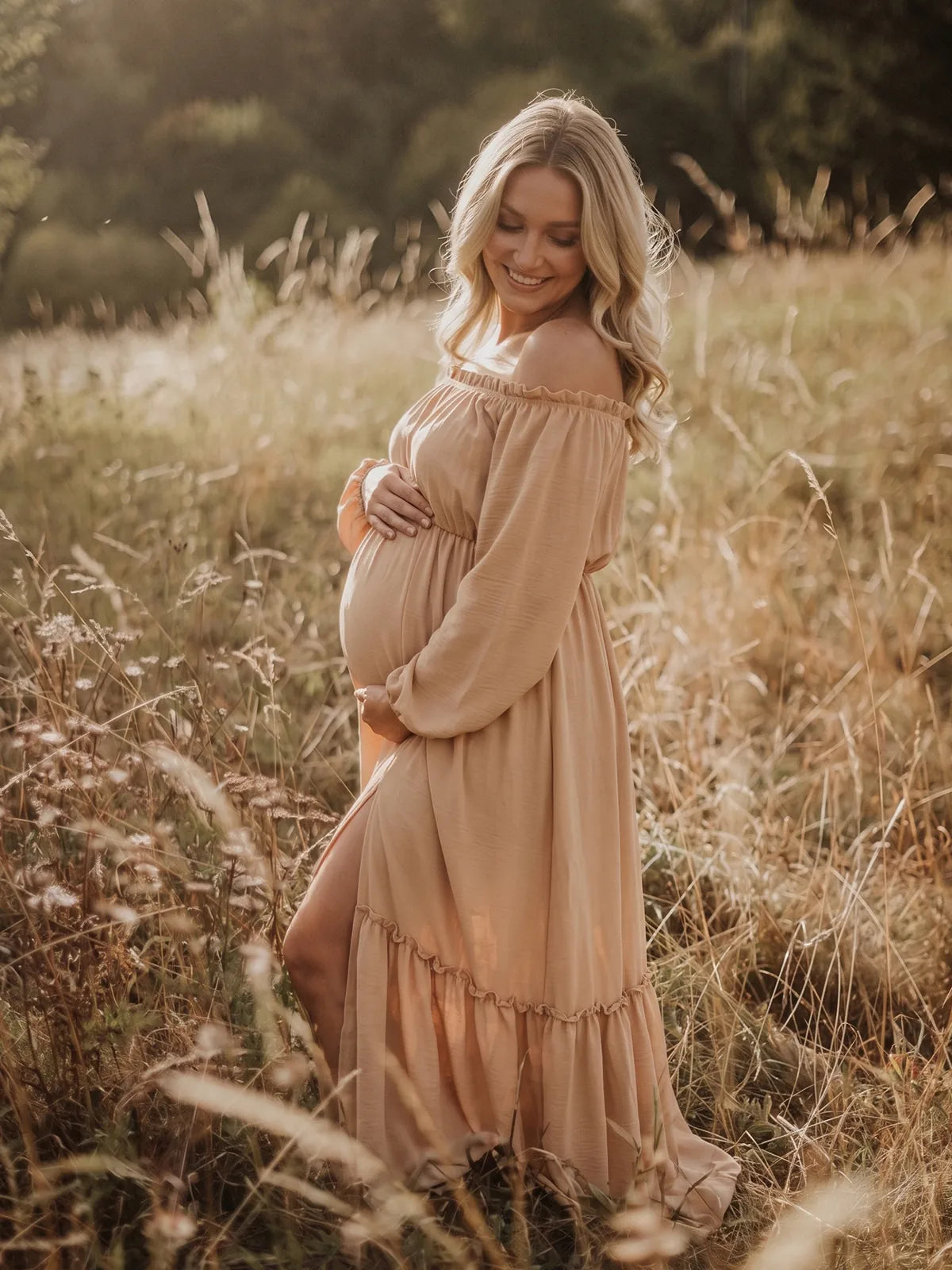 Beige Off Shoulder Maternity Maxi Dress, Boho Pregnancy Dress for Baby Shower, Maternity Photoshoot, Gender Reveal, Pregnancy Announcement, Wedding Guest | Bumplook