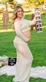 Cream Beige Textured Knit Maternity Two-Piece Set with Off-Shoulder Crop Top and Maxi Skirt for Boho Maternity Photoshoot | Bumplook