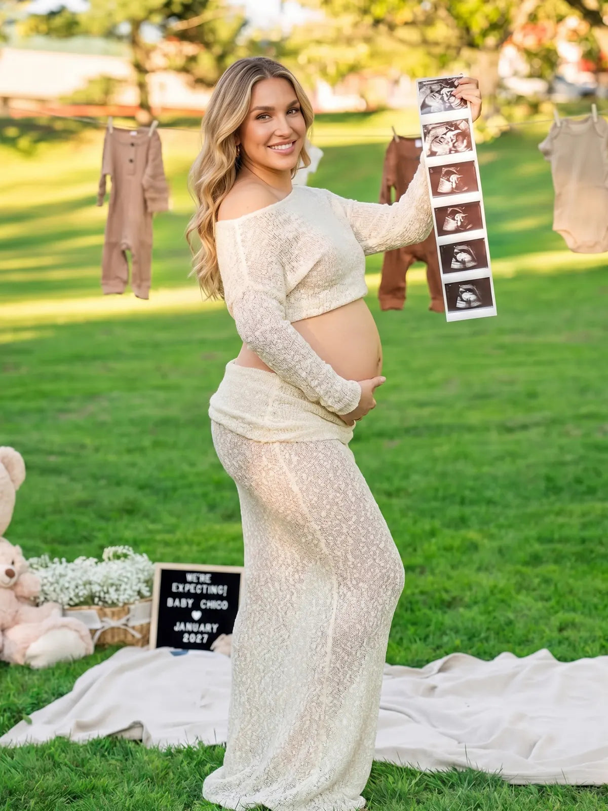 Cream Beige Textured Knit Maternity Two-Piece Set with Off-Shoulder Crop Top and Maxi Skirt for Boho Maternity Photoshoot | Bumplook