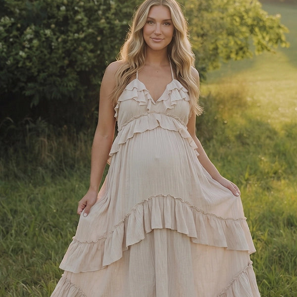 Cream Boho Maternity Dress for Pregnancy Photoshoot | Bumplook