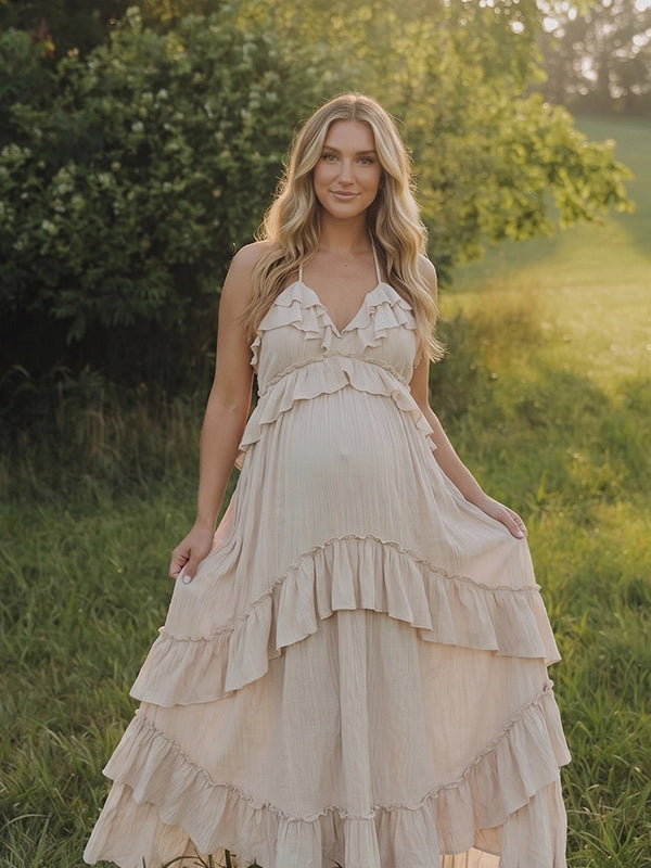 Cream Boho Maternity Dress for Pregnancy Photoshoot | Bumplook