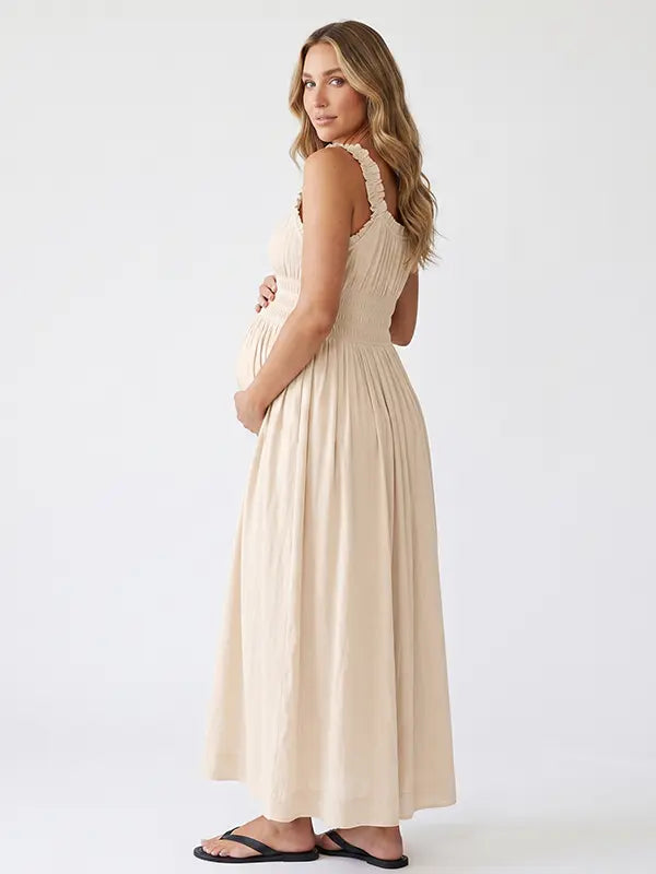 Beige Cotton Blend Maternity Dress, Neutral Smocked Pregnancy Maxi Dress for Baby Shower, Summer Maternity Photoshoot | Bumplook