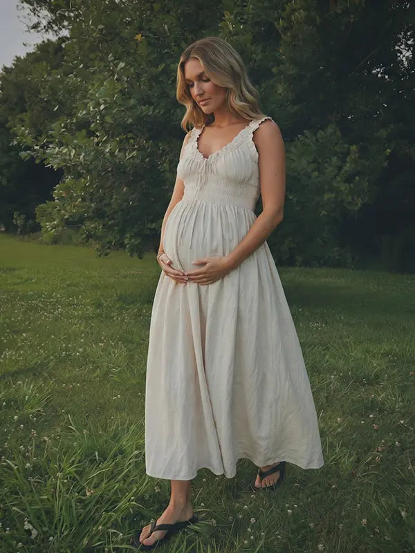 Beige Maternity Dress, Neutral Cotton Blend Maxi Dress for Outdoor Maternity Photoshoot, Summer Pregnancy Photos | Bumplook