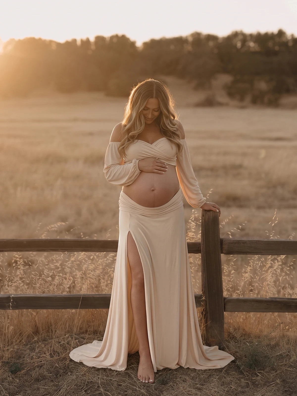 Two Piece Pregnancy Photoshoot Outfit, Cream Maternity Crop Top and Maxi Skirt for Studio and Outdoor Maternity Photos | Bumplook
