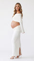 White Off Shoulder Maternity Outfit, Crop Top and Maxi Skirt for Baby Shower, Maternity Photoshoot, Gender Reveal, Pregnancy Announcement, Wedding Guest, Bridal Shower, Formal Events | Bumplook