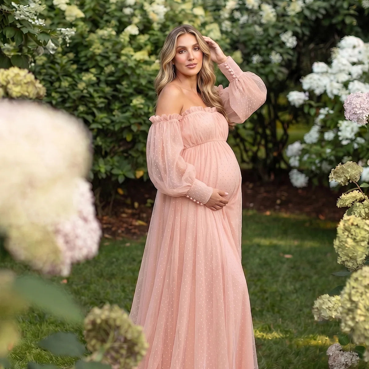 Blush Pink Maternity Photoshoot Gown, Swiss Dot Dress for Baby Shower, Pregnancy Announcement, Gender Reveal and Formal Events | Bumplook