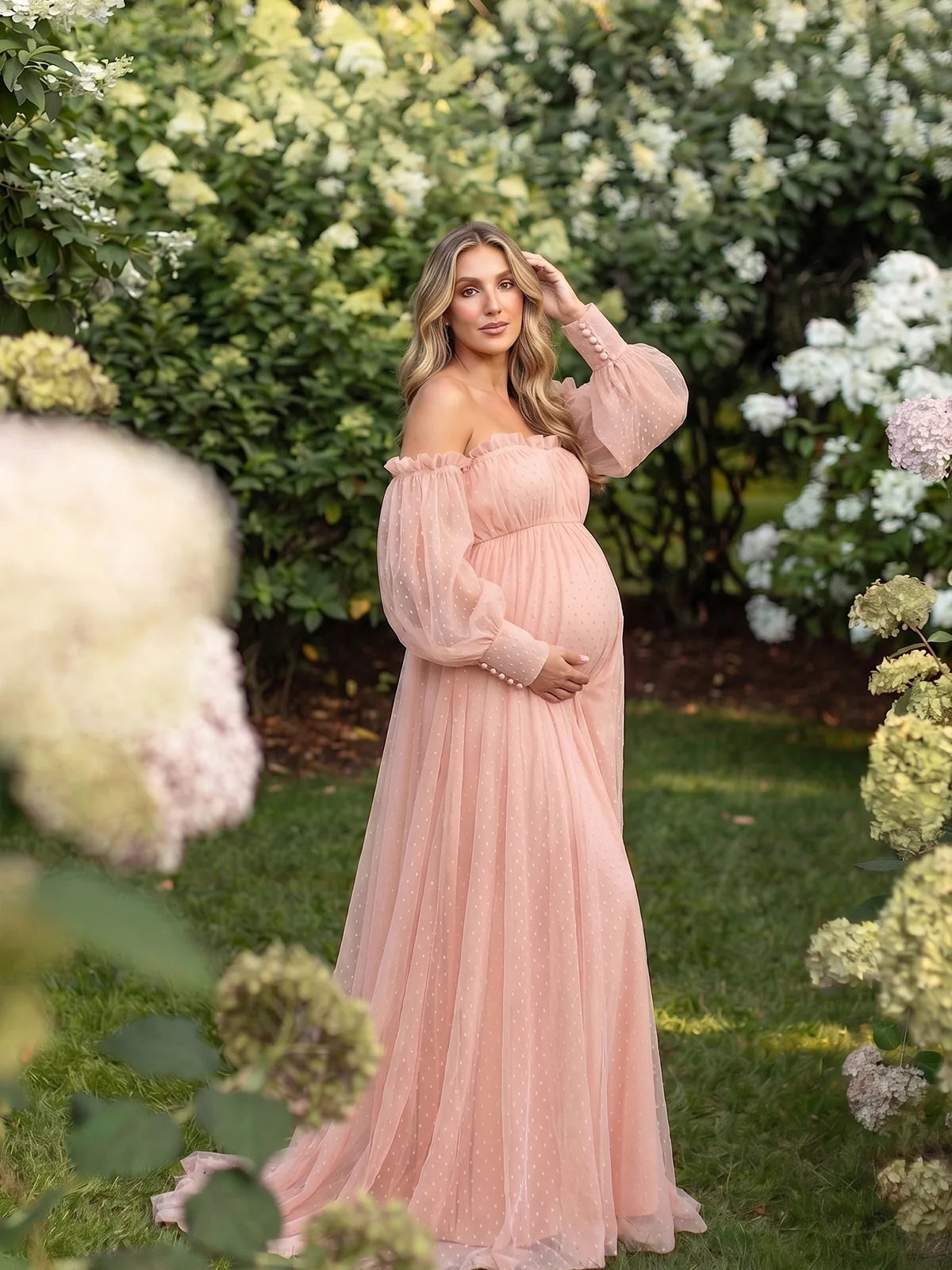 Blush Pink Maternity Photoshoot Gown, Swiss Dot Dress for Baby Shower, Pregnancy Announcement, Gender Reveal and Formal Events | Bumplook