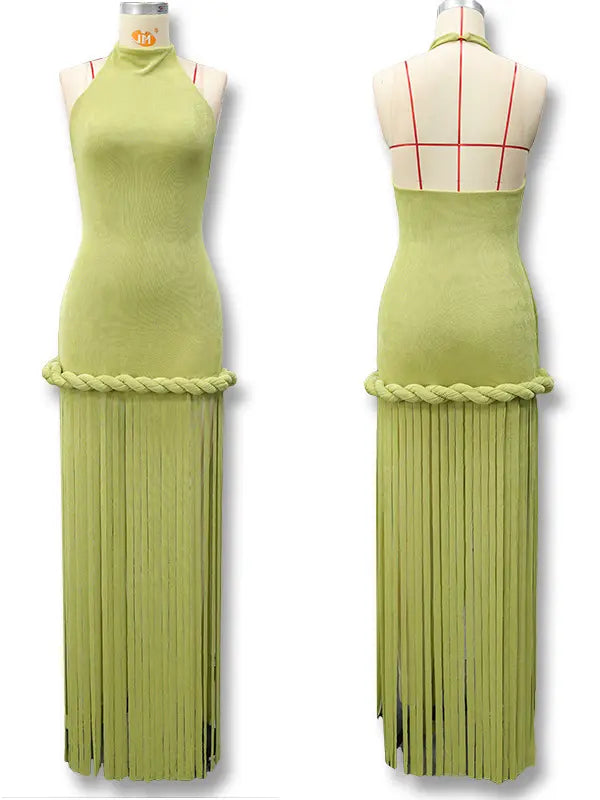 Olive green fringe halter maternity maxi dress with tassel hem, bodycon pregnancy gown for boho baby shower, rustic maternity photoshoot, outdoor pregnancy photography, and nature-inspired maternity portraits.
