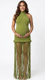 Olive green fringe halter maternity maxi dress with tassel hem, bodycon pregnancy gown for boho baby shower, rustic maternity photoshoot, outdoor pregnancy photography, and nature-inspired maternity portraits.