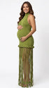 Olive green fringe halter maternity maxi dress with tassel hem, bodycon pregnancy gown for boho baby shower, rustic maternity photoshoot, outdoor pregnancy photography, and nature-inspired maternity portraits.