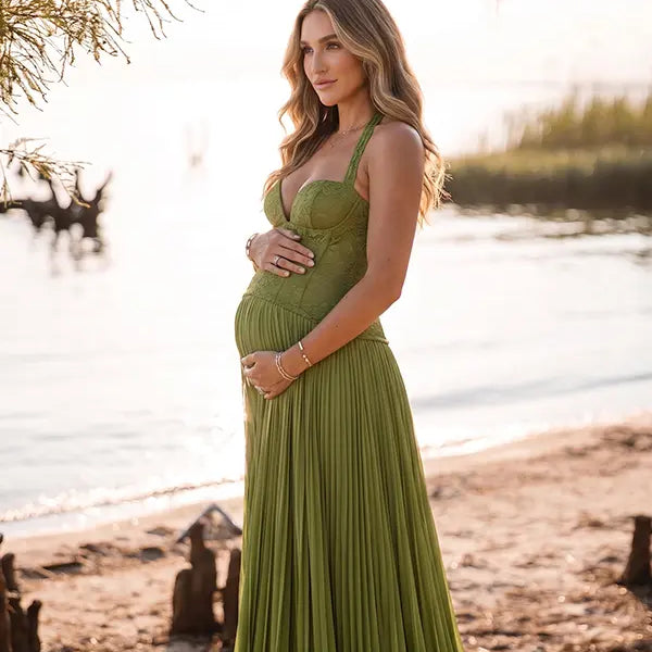 Olive Green Maternity Dress, Lace Corset Pregnancy Maxi Dress for Baby Shower, Maternity Photoshoot, Gender Reveal, Pregnancy Announcement, Wedding Guest, Bridal Shower, Formal Events | Bumplook