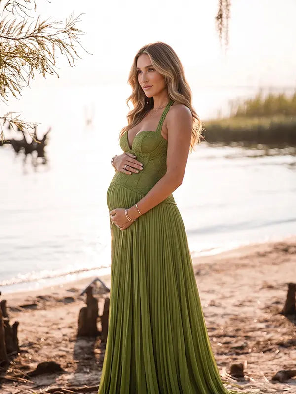 Olive Green Maternity Dress, Lace Corset Pregnancy Maxi Dress for Baby Shower, Maternity Photoshoot, Gender Reveal, Pregnancy Announcement, Wedding Guest, Bridal Shower, Formal Events | Bumplook
