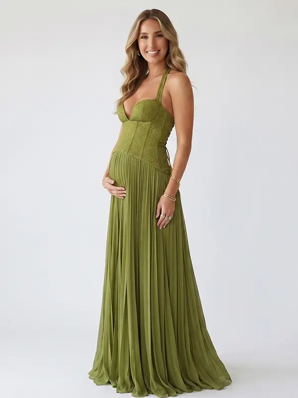 Olive Green Maternity Maxi Dress, Halter Pregnancy Dress for Baby Shower, Maternity Photoshoot, Gender Reveal, Pregnancy Announcement, Wedding Guest, Bridal Shower, Formal Events | Bumplook