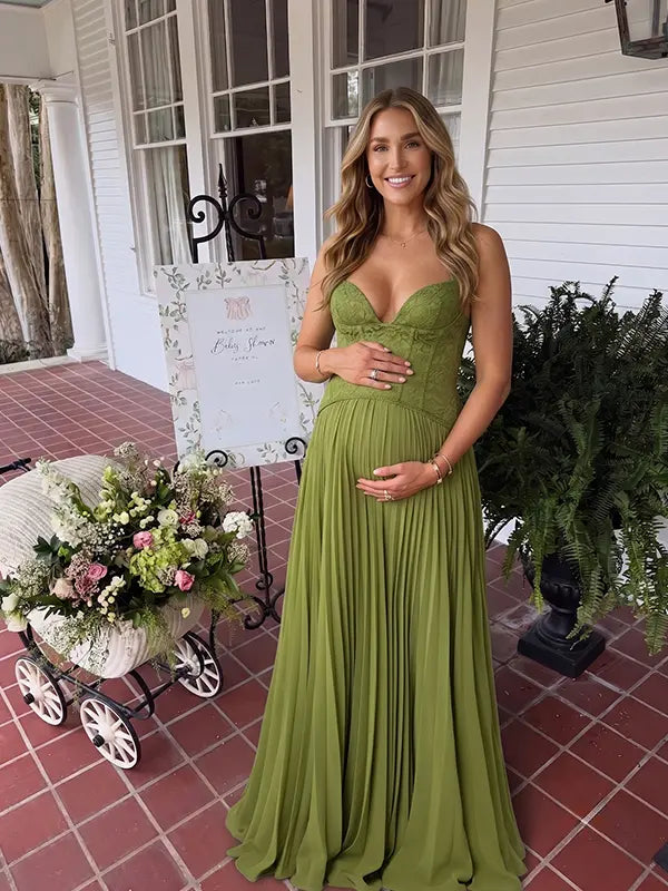 Olive Green Maternity Dress, Lace-Up Back Pregnancy Maxi Dress for Baby Shower, Maternity Photoshoot, Gender Reveal, Pregnancy Announcement, Wedding Guest, Bridal Shower, Formal Events | Bumplook