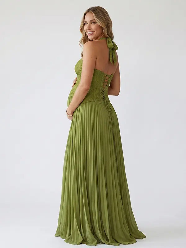 Olive Green Lace Maternity Dress, Corset Maxi Pregnancy Dress for Baby Shower, Maternity Photoshoot, Gender Reveal, Pregnancy Announcement, Wedding Guest, Bridal Shower, Formal Events | Bumplook
