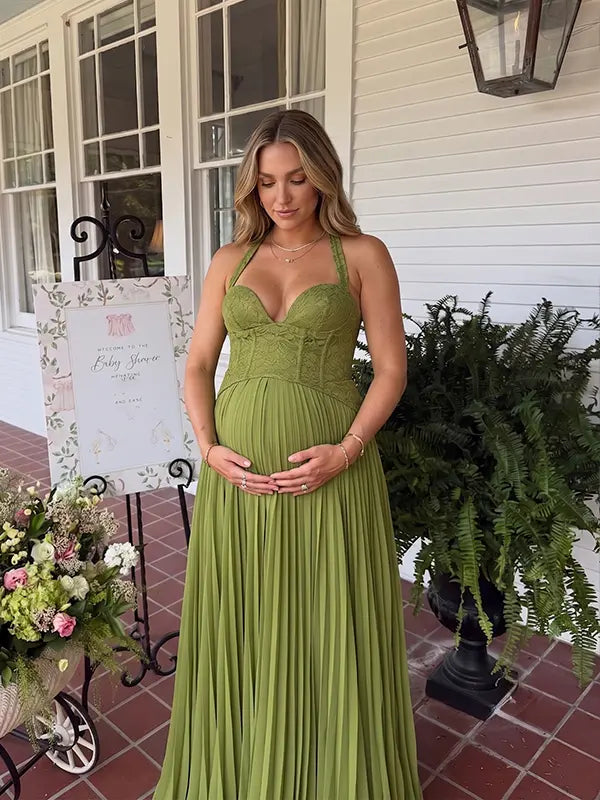 Olive Green Maternity Maxi Dress, Halter Pregnancy Dress for Baby Shower, Maternity Photoshoot, Gender Reveal, Pregnancy Announcement, Wedding Guest, Bridal Shower, Formal Events | Bumplook