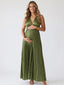 Olive Green Pleated Satin Halter Maternity Maxi Dress for Boho Baby Shower