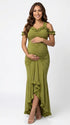 Olive green ruffle halter maternity maxi dress with ruched bodycon fit and flowing high-low hem