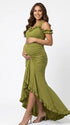 Olive green ruffle halter maternity maxi dress with ruched bodycon fit and flowing high-low hem