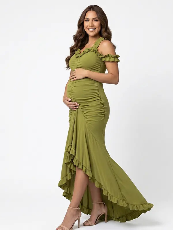Olive green ruffle halter maternity maxi dress with ruched bodycon fit and flowing high-low hem