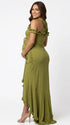 Olive green ruffle halter maternity maxi dress with ruched bodycon fit and flowing high-low hem