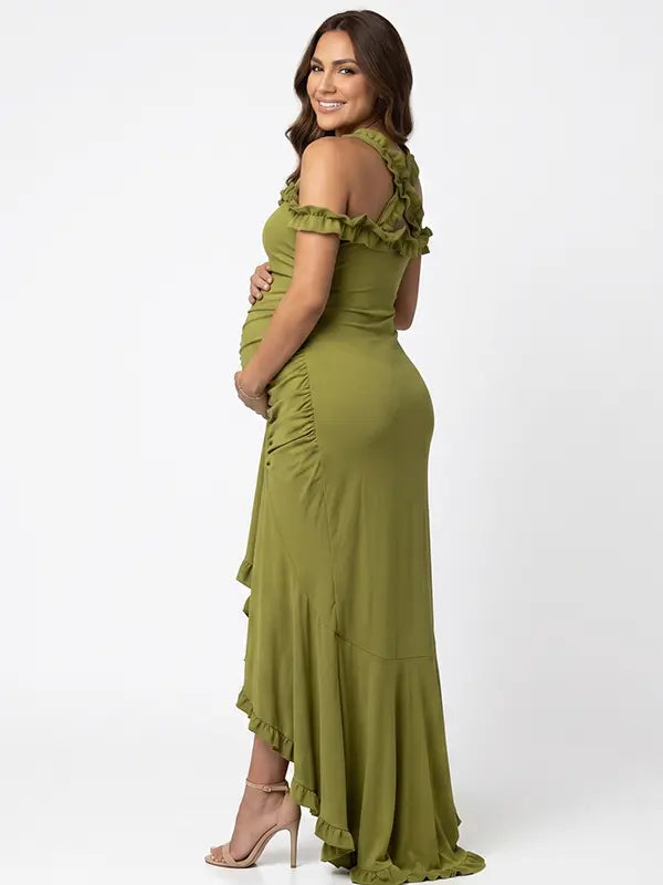 Olive green ruffle halter maternity maxi dress with ruched bodycon fit and flowing high-low hem