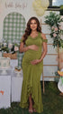 Olive green ruffle halter maternity maxi dress with ruched bodycon fit and flowing high-low hem