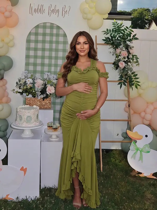Olive green ruffle halter maternity maxi dress with ruched bodycon fit and flowing high-low hem