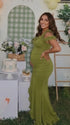 Olive green ruffle halter maternity maxi dress with ruched bodycon fit and flowing high-low hem