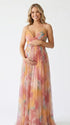 orange floral mesh maternity maxi dress with lace up back and flowy skirt