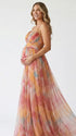 orange floral mesh maternity maxi dress with lace up back and flowy skirt