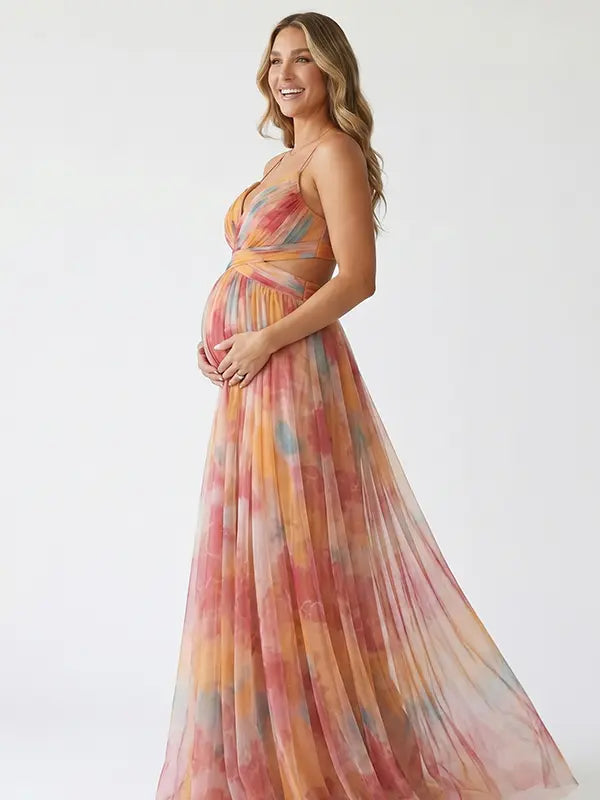 orange floral mesh maternity maxi dress with lace up back and flowy skirt