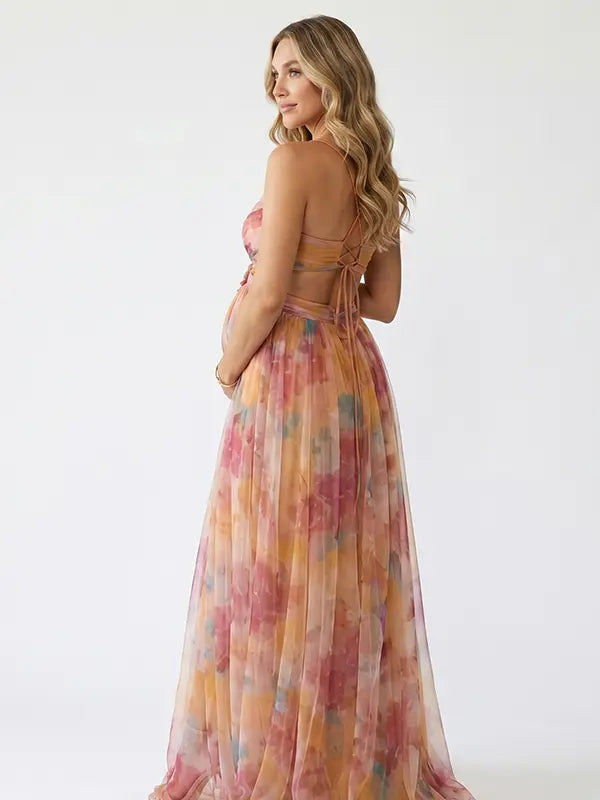 orange floral mesh maternity maxi dress with lace up back and flowy skirt