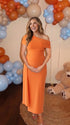 Orange Fall Maternity Photoshoot Dress with Draped Neckline | Bumplook
