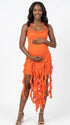 orange ruffle maternity dress with halter neckline and asymmetrical frill hem