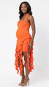 orange ruffle maternity dress with halter neckline and asymmetrical frill hem