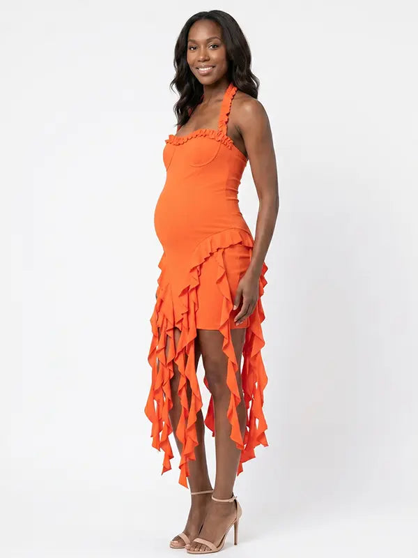 orange ruffle maternity dress with halter neckline and asymmetrical frill hem