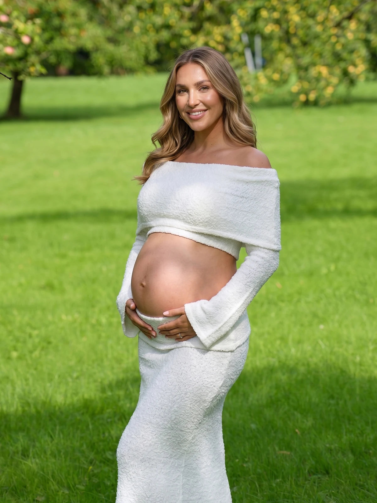 White Maternity Crop Top and Skirt Set, Two Piece Pregnancy Outfit for Baby Shower, Maternity Photoshoot, Gender Reveal, Pregnancy Announcement, Wedding Guest, Bridal Shower, Formal Events | Bumplook