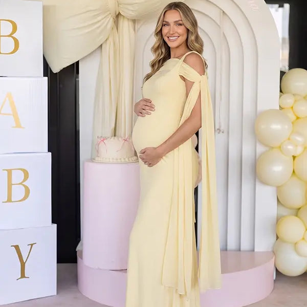 Butter Yellow Maternity Dress, Cape Sleeve Pregnancy Maxi Dress for Baby Shower and Maternity Photoshoot | Bumplook
