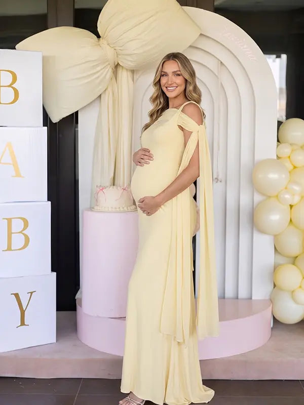 Butter Yellow Maternity Dress, Cape Sleeve Pregnancy Maxi Dress for Baby Shower and Maternity Photoshoot | Bumplook