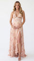 Peach Floral Pearl Halter Maternity Dress, Resort Maternity Maxi Dress for Baby Shower, Maternity Photoshoot, Gender Reveal, Pregnancy Announcement, Beach Vacation, Bridal Shower, Formal Events | Bumplook
