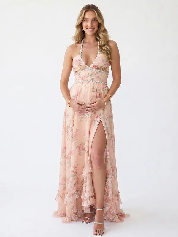 Peach Floral Pearl Halter Maternity Dress, Resort Maternity Maxi Dress for Baby Shower, Maternity Photoshoot, Gender Reveal, Pregnancy Announcement, Beach Vacation, Bridal Shower, Formal Events | Bumplook