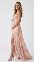 Peach Floral Pearl Halter Maternity Dress, Resort Maternity Maxi Dress for Baby Shower, Maternity Photoshoot, Gender Reveal, Pregnancy Announcement, Beach Vacation, Bridal Shower, Formal Events | Bumplook