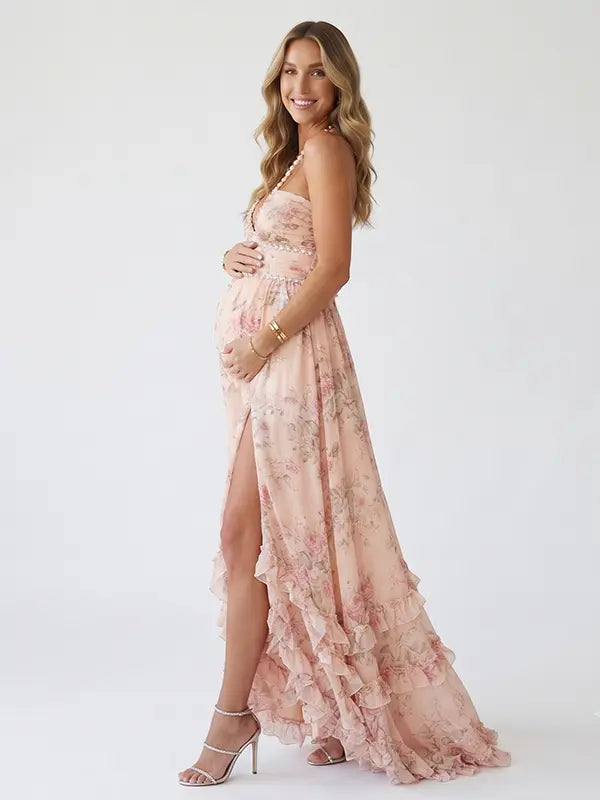 Peach Floral Pearl Halter Maternity Dress, Resort Maternity Maxi Dress for Baby Shower, Maternity Photoshoot, Gender Reveal, Pregnancy Announcement, Beach Vacation, Bridal Shower, Formal Events | Bumplook