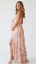 Peach Floral Pearl Halter Maternity Dress, Resort Maternity Maxi Dress for Baby Shower, Maternity Photoshoot, Gender Reveal, Pregnancy Announcement, Beach Vacation, Bridal Shower, Formal Events | Bumplook