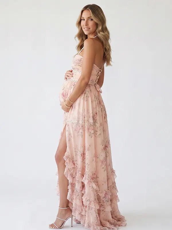 Peach Floral Pearl Halter Maternity Dress, Resort Maternity Maxi Dress for Baby Shower, Maternity Photoshoot, Gender Reveal, Pregnancy Announcement, Beach Vacation, Bridal Shower, Formal Events | Bumplook