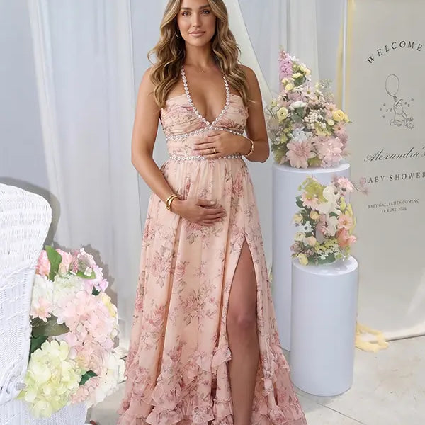 Peach Floral Pearl Halter Maternity Dress, Resort Maternity Maxi Dress for Baby Shower, Maternity Photoshoot, Gender Reveal, Pregnancy Announcement, Beach Vacation, Bridal Shower, Formal Events | Bumplook