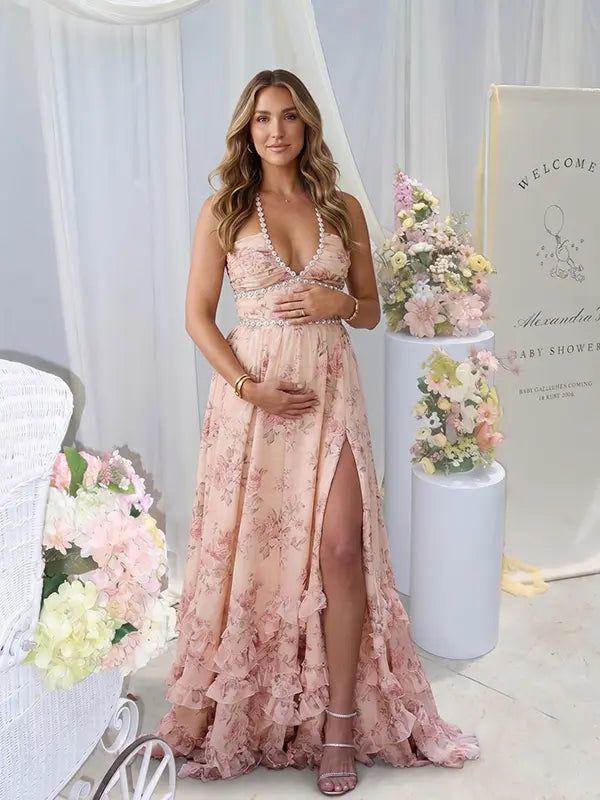 Peach Floral Pearl Halter Maternity Dress, Resort Maternity Maxi Dress for Baby Shower, Maternity Photoshoot, Gender Reveal, Pregnancy Announcement, Beach Vacation, Bridal Shower, Formal Events | Bumplook
