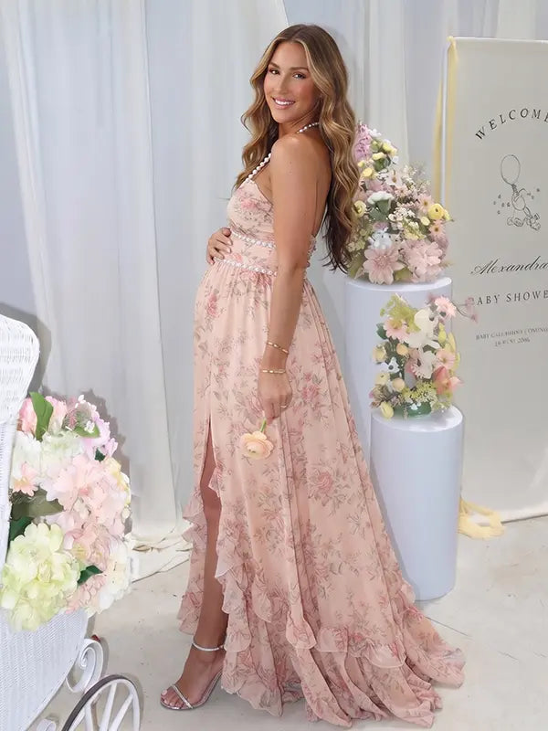 Peach Floral Pearl Halter Maternity Dress, Resort Maternity Maxi Dress for Baby Shower, Maternity Photoshoot, Gender Reveal, Pregnancy Announcement, Beach Vacation, Bridal Shower, Formal Events | Bumplook