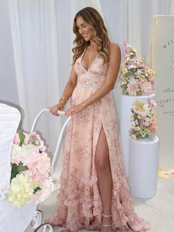 Peach Floral Pearl Halter Maternity Dress, Resort Maternity Maxi Dress for Baby Shower, Maternity Photoshoot, Gender Reveal, Pregnancy Announcement, Beach Vacation, Bridal Shower, Formal Events | Bumplook